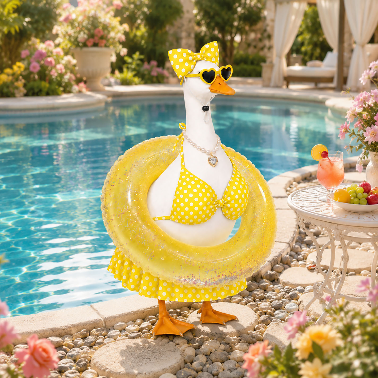 Bikini Porch Goose Outfits for 23 inch Concrete Statue Summer Goose Clothes with Sunglasses Necklace Decorative Float Ring for Yard Lawn Garden Decor 4