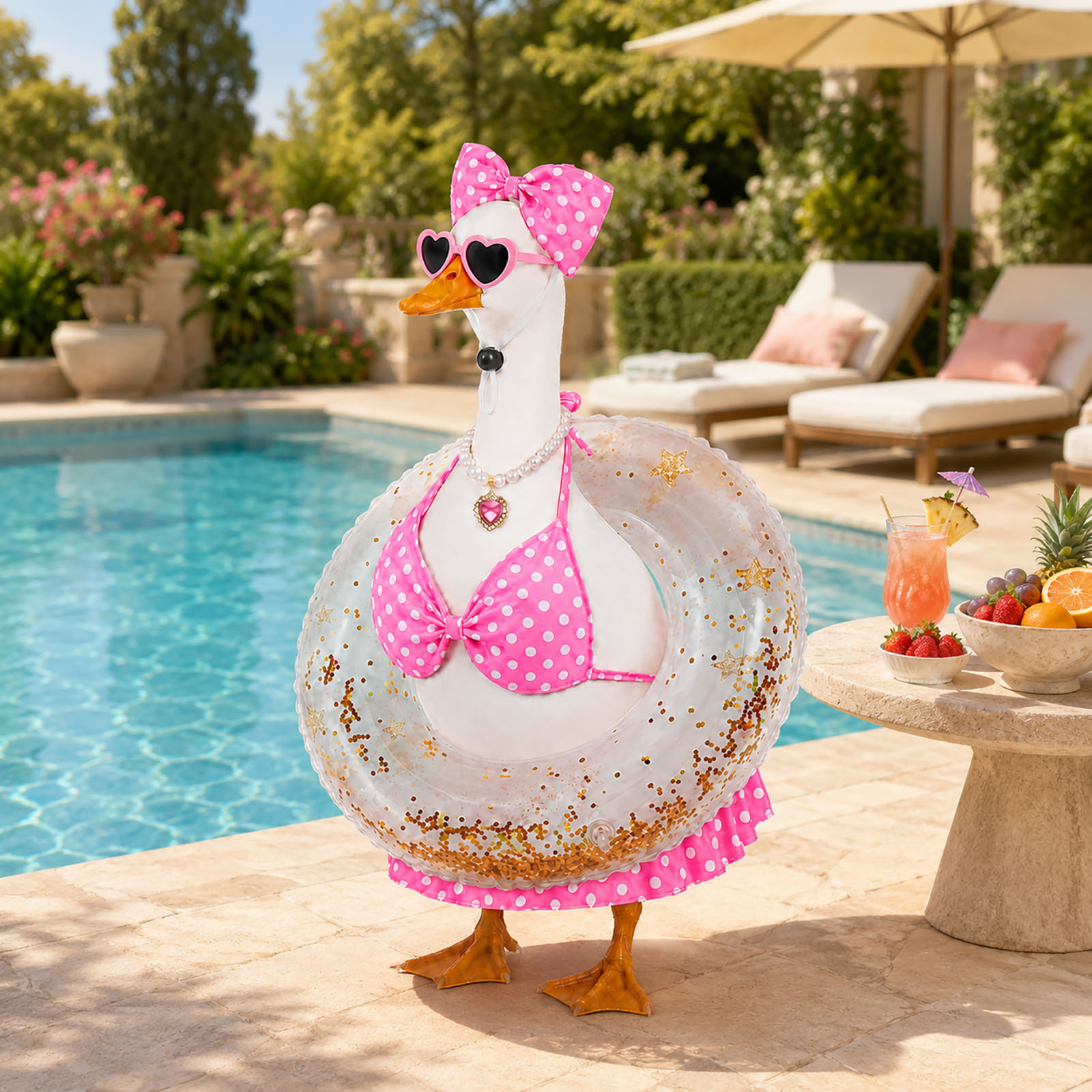 Pink Bikini Porch Goose Outfits for 23 inch Concrete Statue Summer Goose Clothes with Sunglasses Necklace Decorative Float Ring for Yard Lawn Garden Decor 2