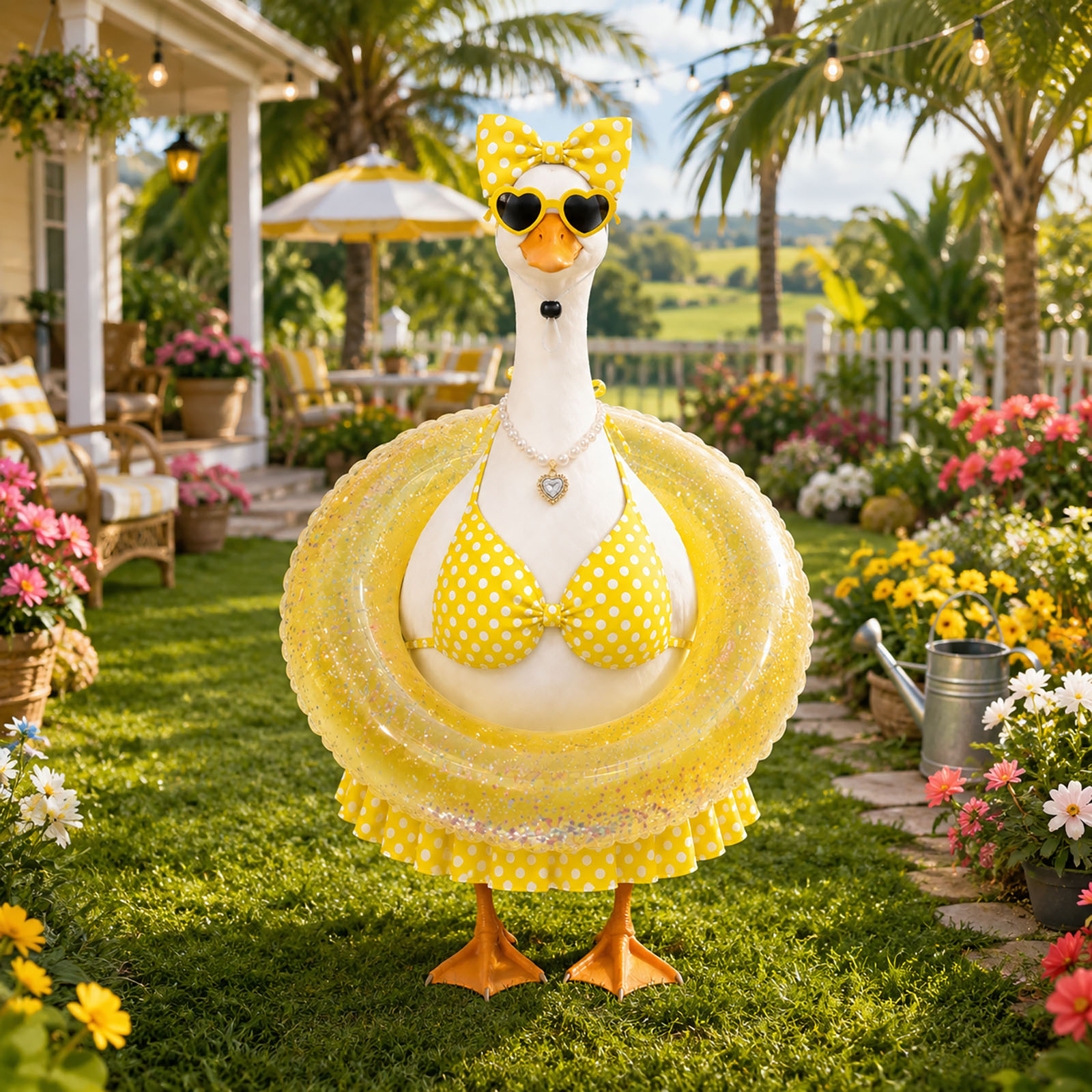 Bikini Porch Goose Outfits for 23 inch Concrete Statue Summer Goose Clothes with Sunglasses Necklace Decorative Float Ring for Yard Lawn Garden Decor 1