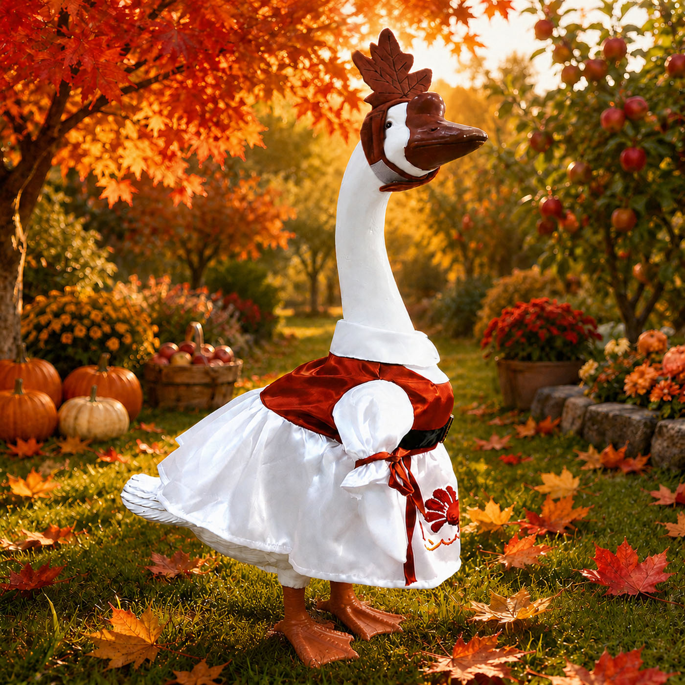 Thanksgiving Porch Goose Outfit for 23 Inch Lawn Statue Fall Goose Clothes with Turkey & Pumpkin Embroidered Dress Maple Leaf Headpiece for Yard Lawn Garden Decor 9