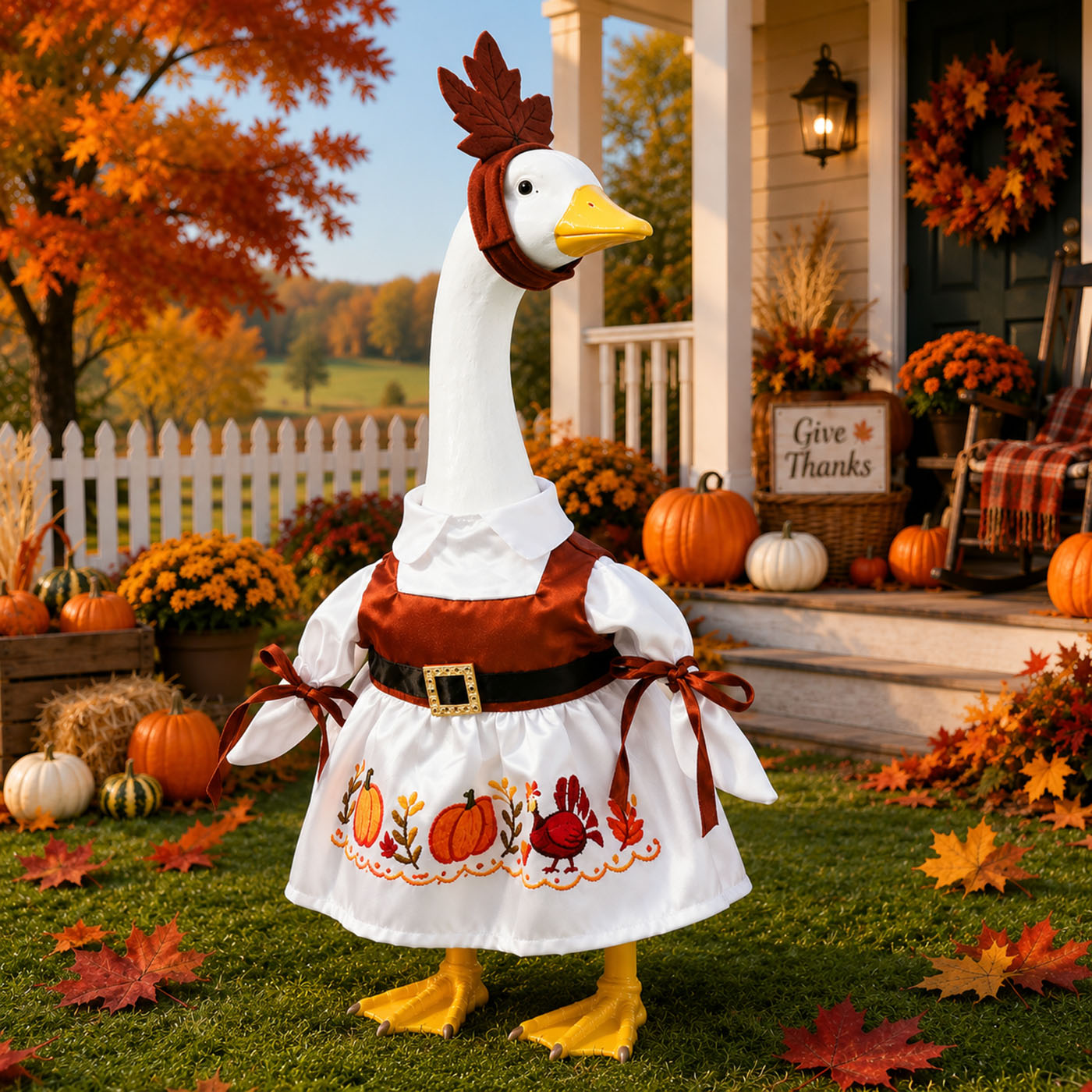 Thanksgiving Porch Goose Outfit for 23 Inch Lawn Statue Fall Goose Clothes with Turkey & Pumpkin Embroidered Dress Maple Leaf Headpiece for Yard Lawn Garden Decor 3