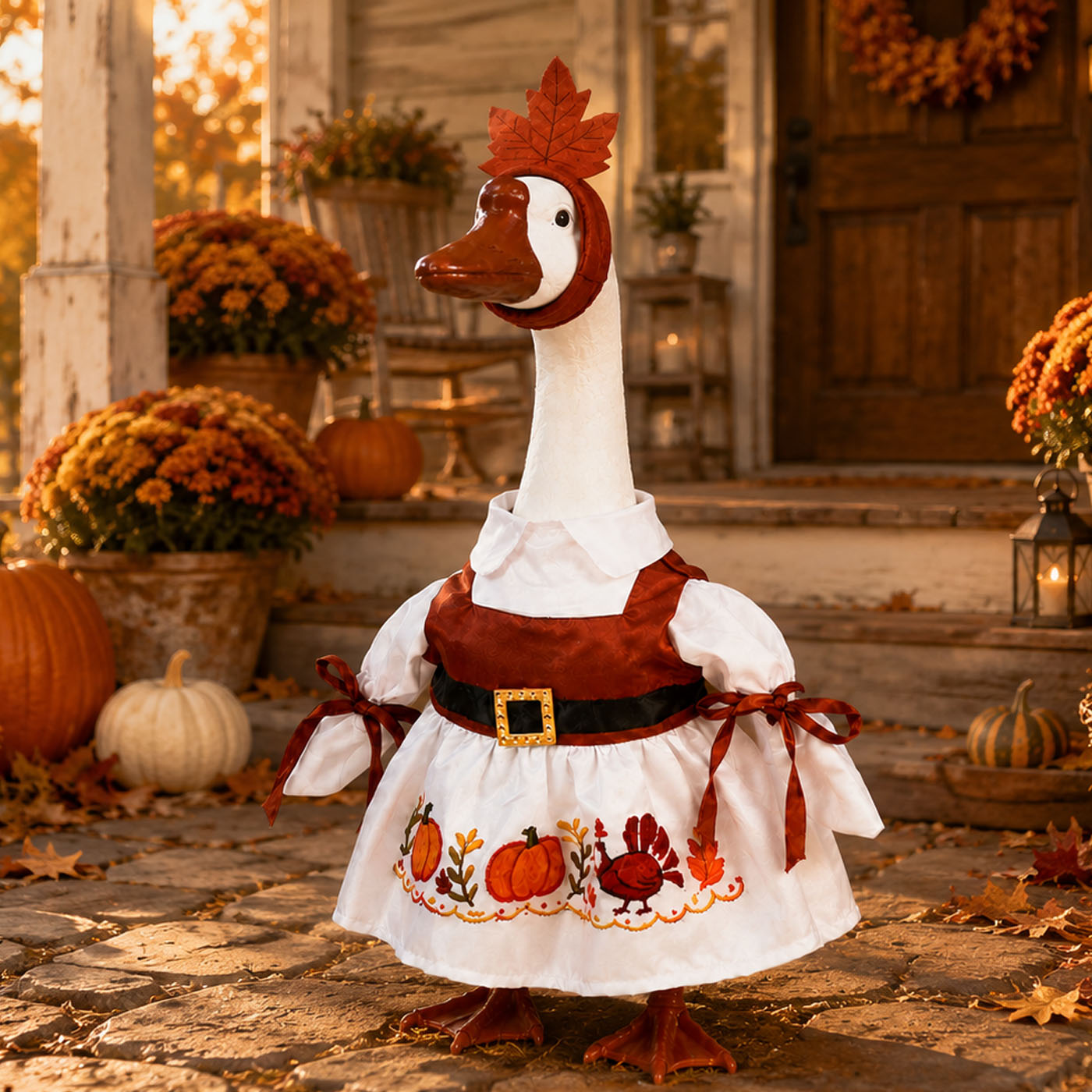 Thanksgiving Porch Goose Outfit for 23 Inch Lawn Statue Fall Goose Clothes with Turkey & Pumpkin Embroidered Dress Maple Leaf Headpiece for Yard Lawn Garden Decor 6
