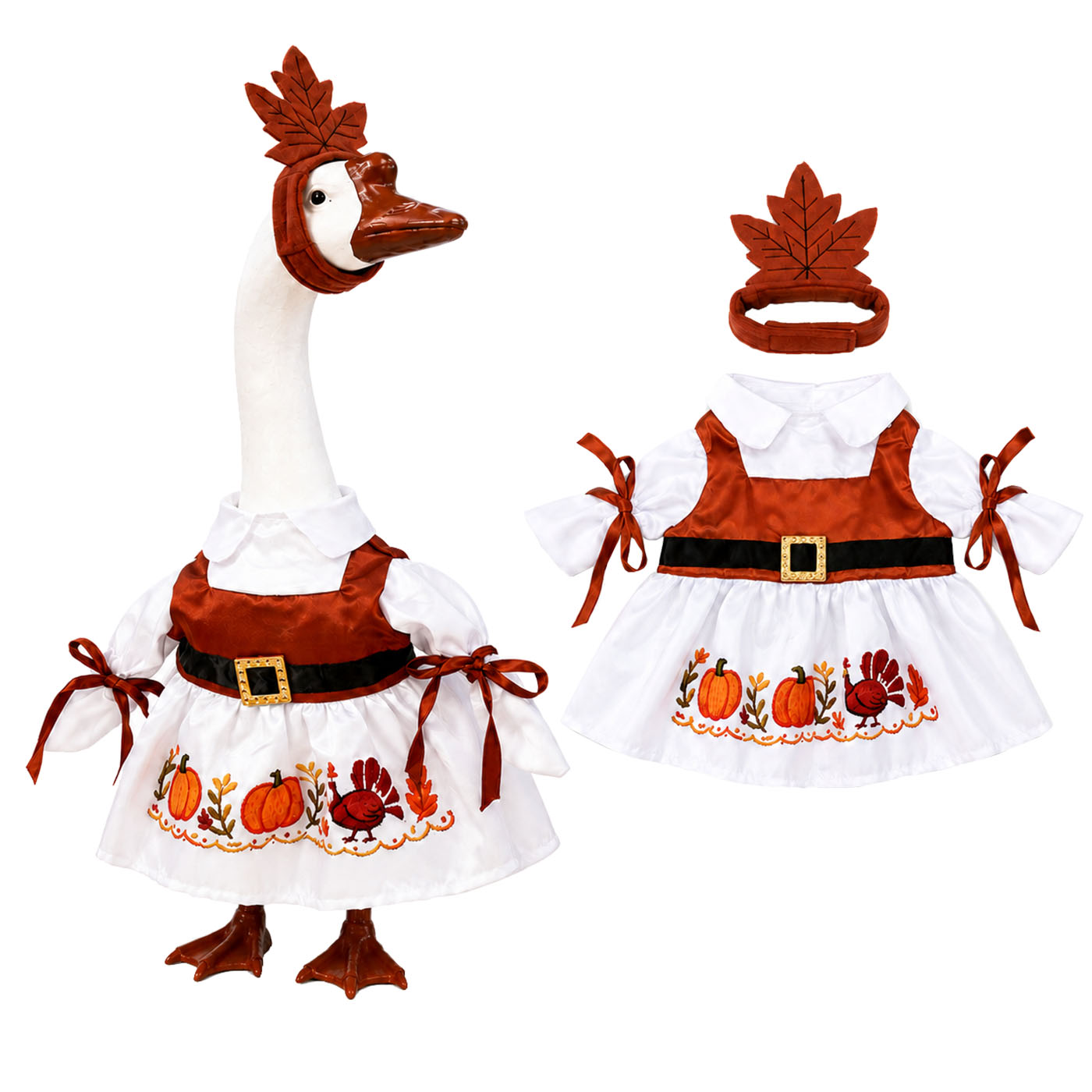Thanksgiving Porch Goose Outfit for 23 Inch Lawn Statue Fall Goose Clothes with Turkey & Pumpkin Embroidered Dress Maple Leaf Headpiece for Yard Lawn Garden Decor 