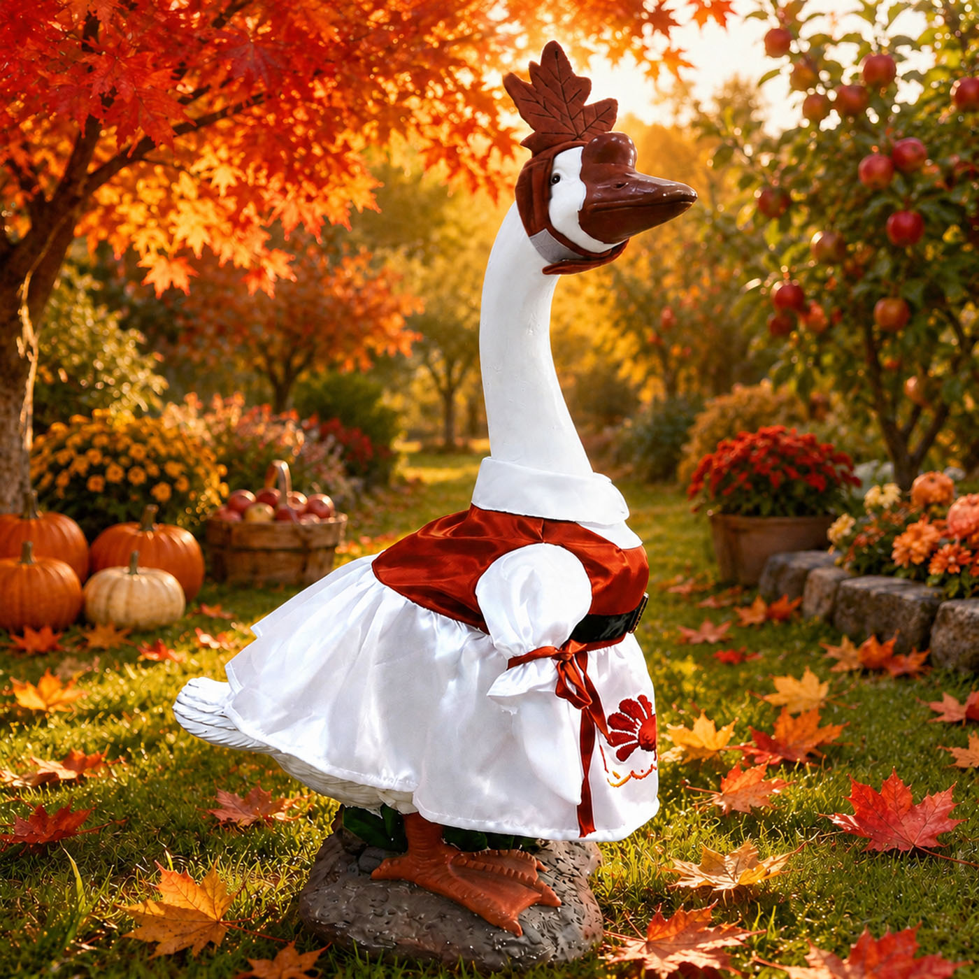 Thanksgiving Porch Goose Outfit for 23 Inch Lawn Statue Fall Goose Clothes with Turkey & Pumpkin Embroidered Dress Maple Leaf Headpiece for Yard Lawn Garden Decor 7