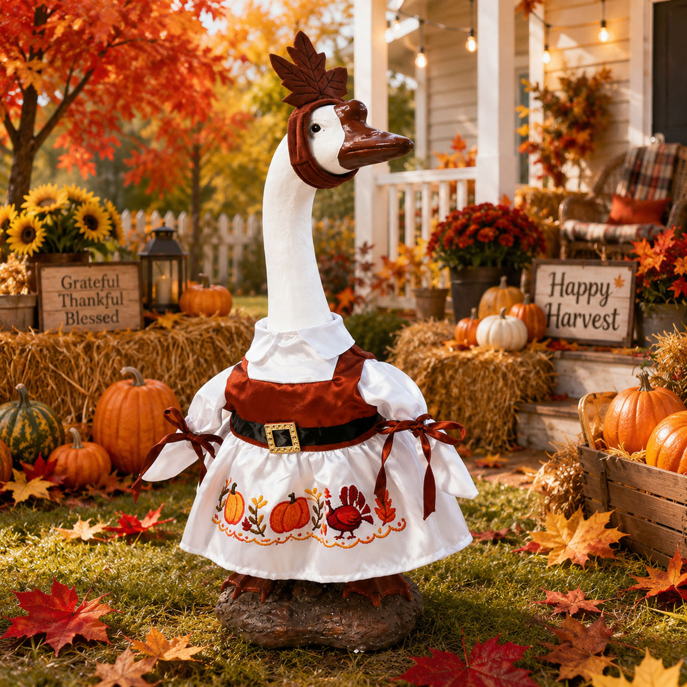 Thanksgiving Porch Goose Outfit for 23 Inch Lawn Statue Fall Goose Clothes with Turkey & Pumpkin Embroidered Dress Maple Leaf Headpiece for Yard Lawn Garden Decor 5