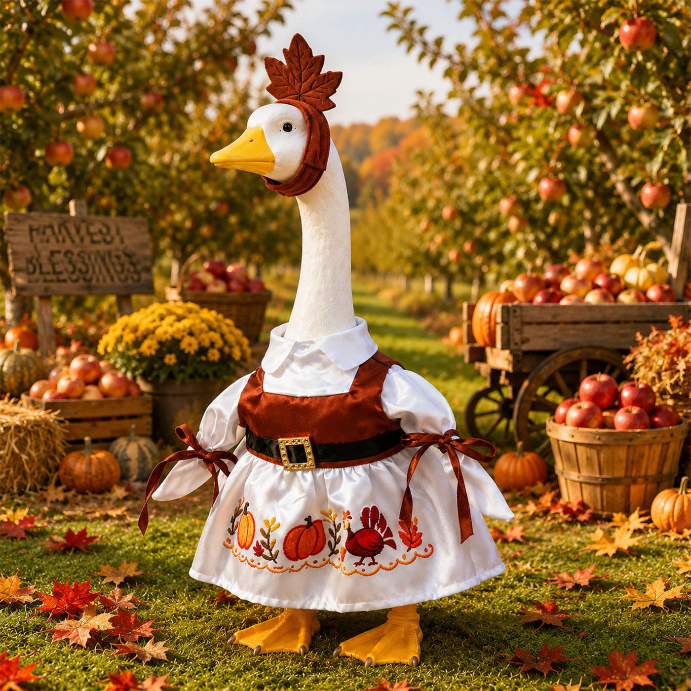 Thanksgiving Porch Goose Outfit for 23 Inch Lawn Statue Fall Goose Clothes with Turkey & Pumpkin Embroidered Dress Maple Leaf Headpiece for Yard Lawn Garden Decor 8