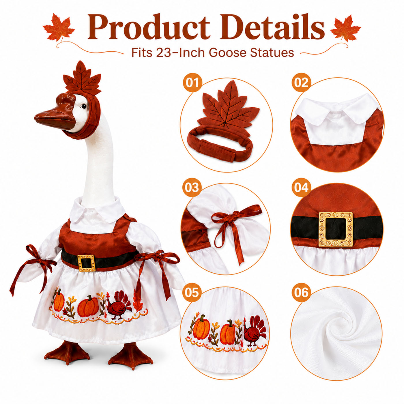 Thanksgiving Porch Goose Outfit for 23 Inch Lawn Statue Fall Goose Clothes with Turkey & Pumpkin Embroidered Dress Maple Leaf Headpiece for Yard Lawn Garden Decor 4