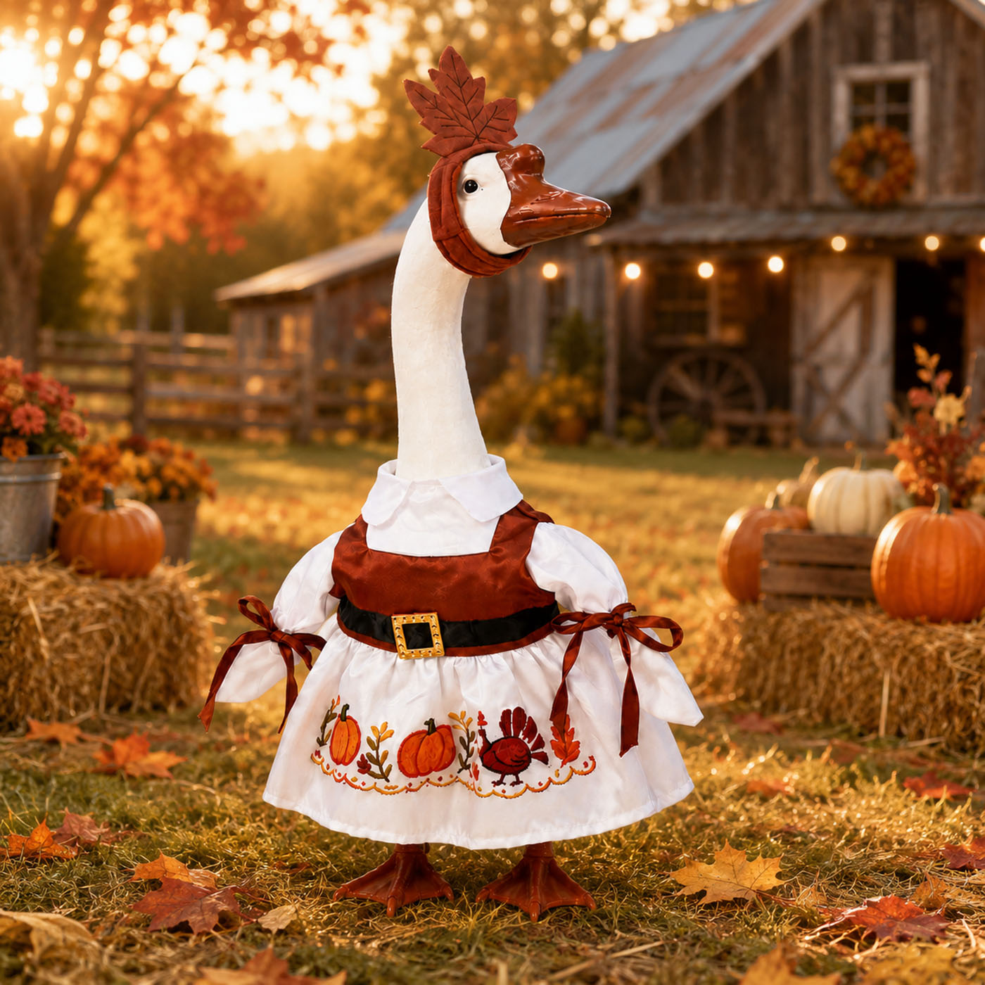 Thanksgiving Porch Goose Outfit for 23 Inch Lawn Statue Fall Goose Clothes with Turkey & Pumpkin Embroidered Dress Maple Leaf Headpiece for Yard Lawn Garden Decor 10