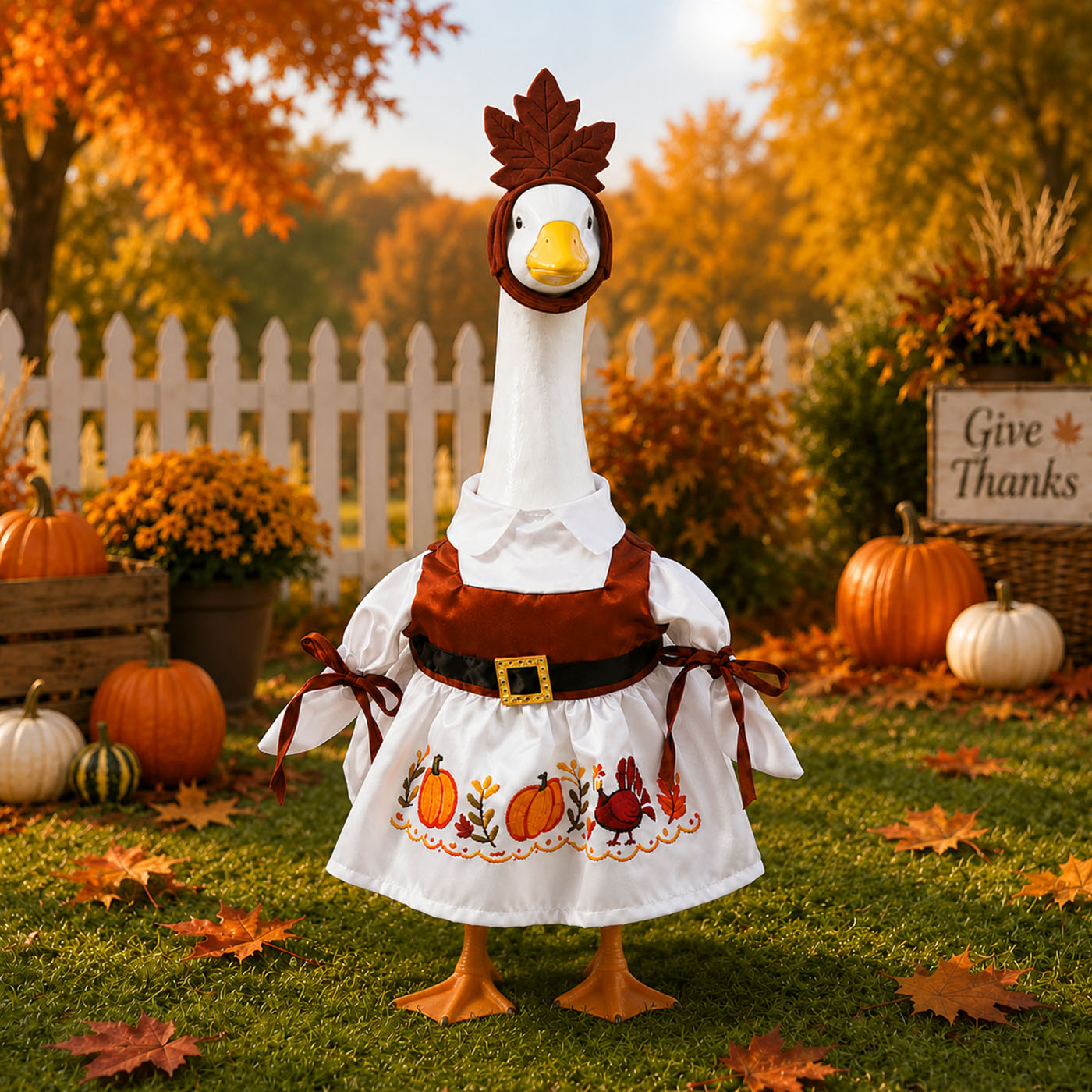 Thanksgiving Porch Goose Outfit for 23 Inch Lawn Statue Fall Goose Clothes with Turkey & Pumpkin Embroidered Dress Maple Leaf Headpiece for Yard Lawn Garden Decor 1