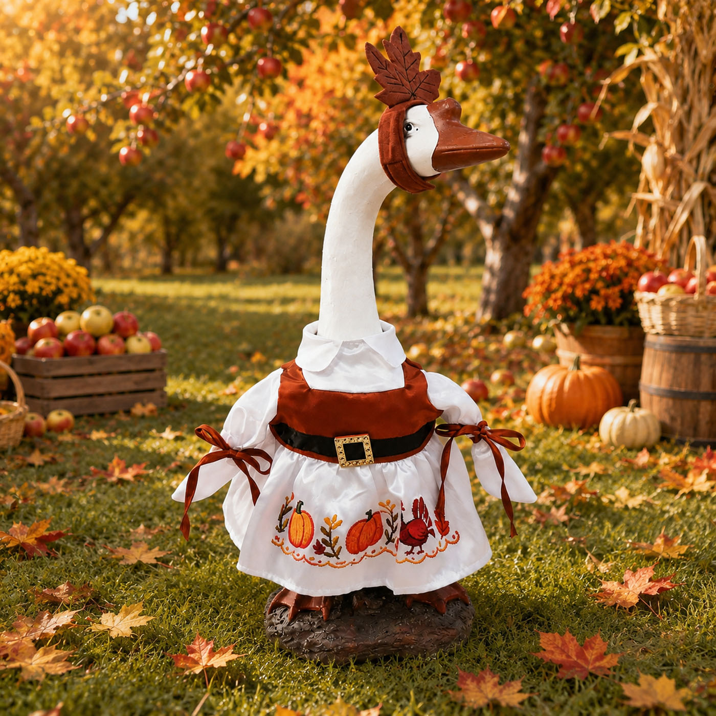 Thanksgiving Porch Goose Outfit for 23 Inch Lawn Statue Fall Goose Clothes with Turkey & Pumpkin Embroidered Dress Maple Leaf Headpiece for Yard Lawn Garden Decor 2