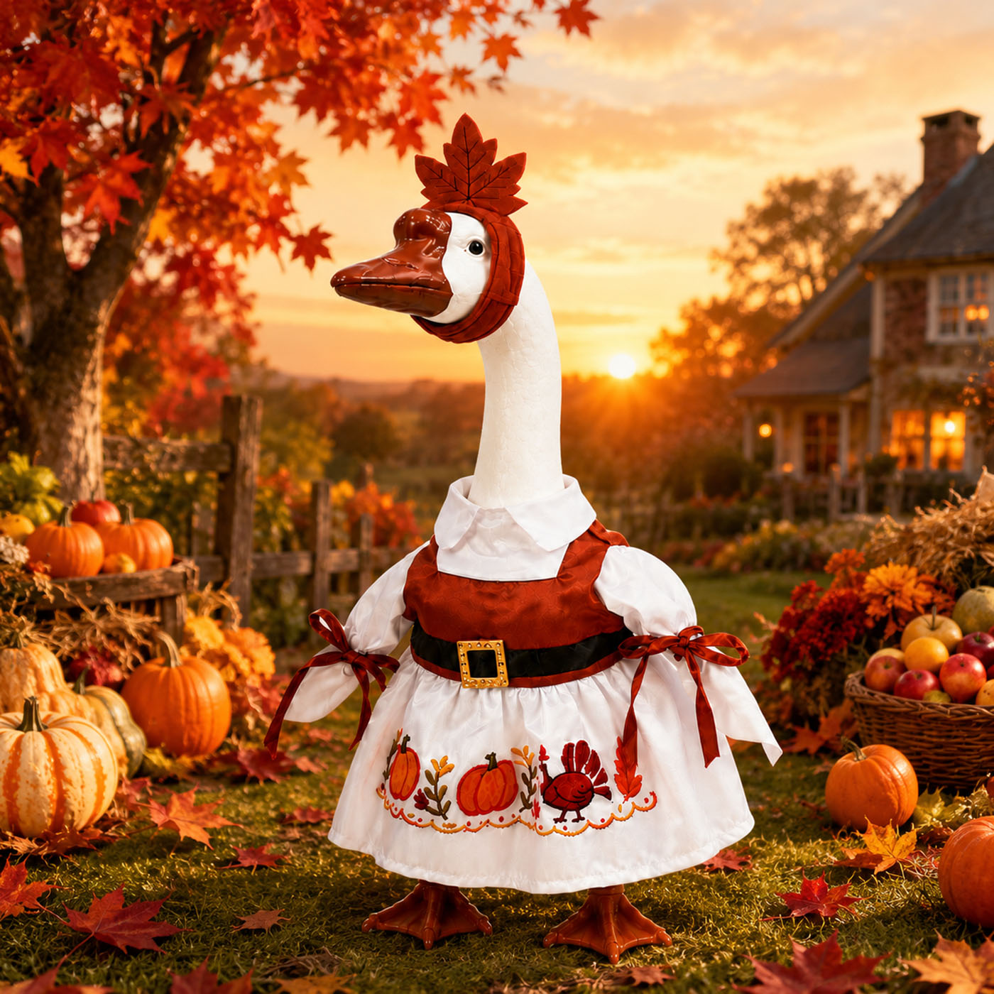Thanksgiving Porch Goose Outfit for 23 Inch Lawn Statue Fall Goose Clothes with Turkey & Pumpkin Embroidered Dress Maple Leaf Headpiece for Yard Lawn Garden Decor 11